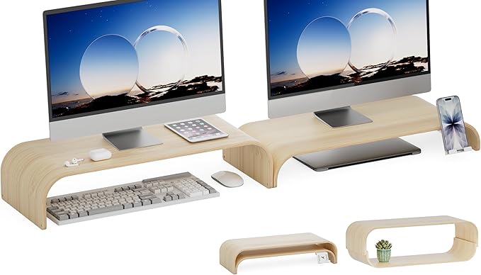 Bent Wood Monitor Stand Riser, Solid Wood Dual Monitor Riser with Storage, 2-Tier Natural Wood Desk Shelf Organizer for Computer, Laptop & Printer, No Assembly, Max Load 110lbs