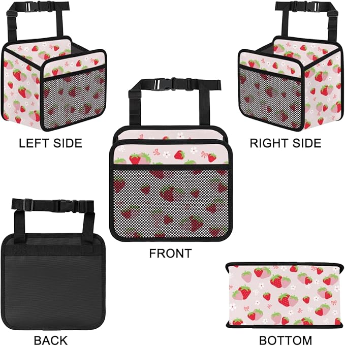 Cute Strawberry Print Car Organizer for Kids, Backseat Headrest Storage Bag, Adorable Cartoon Fruit Pattern, Foldable Waterproof PU Leather Organizer, Perfect for Mom and Baby