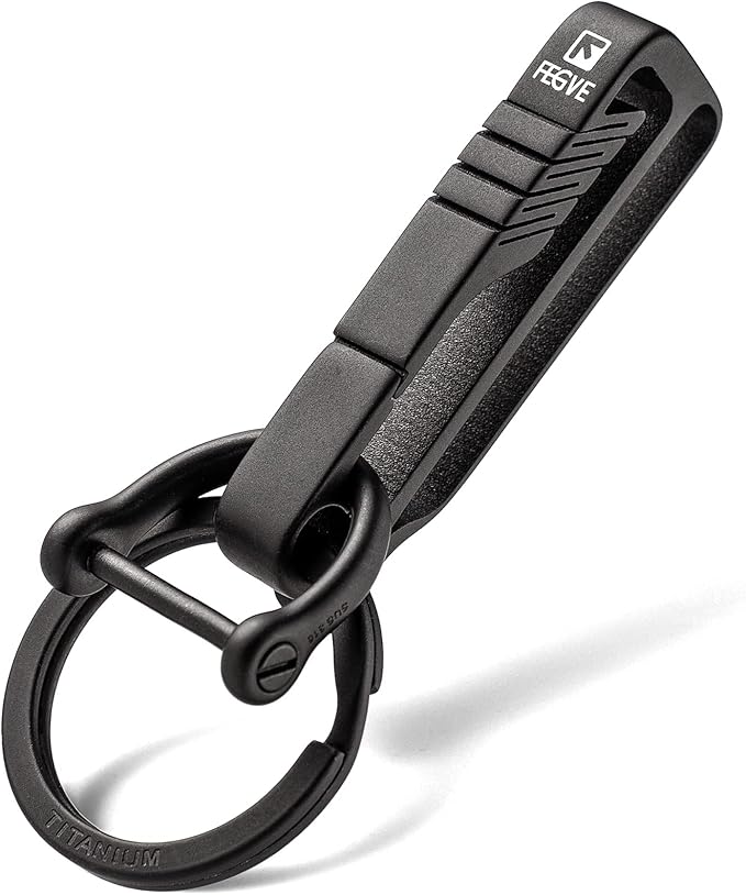 FEGVE Titanium Key Belt Clip with Key Ring, Belt Key Holder Key Chain Clip Black Keychain for Men