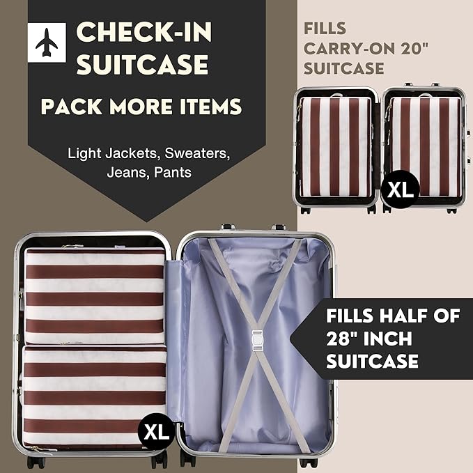 Extra Large Compression Packing Cubes for Checked Luggage, Lightweight Suitcase Organizers & Space Saver Bags - Travel Cubes for Packing - 2pc Set, X-Large - Brown Cabana Stripe