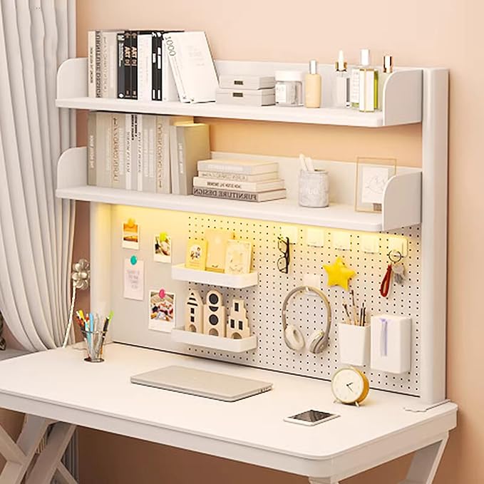 Clamp on Desk Organizer Shelf, Desk Extender Pegboard Workstation White Desk Side Storage Bookshelf Shelves for Office 37.4x31.5 in(HxL)