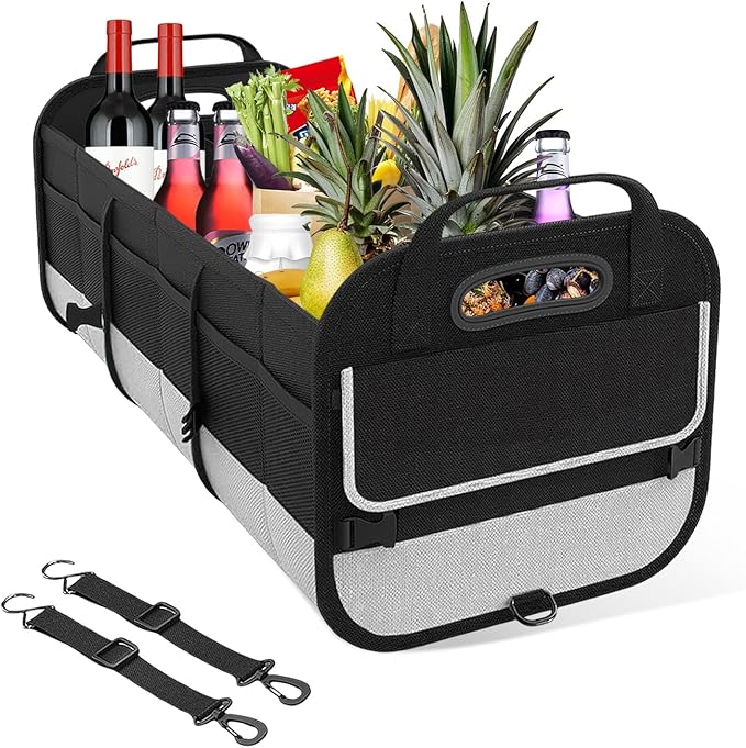 Car Trunk Organizer, Large Capacity Collapsible Cargo Organizer with Adjustable Straps Reinforced Handles, Multi-Compartment Trunk Storage Box for Car Truck SUV Sedan (Black & Gray)