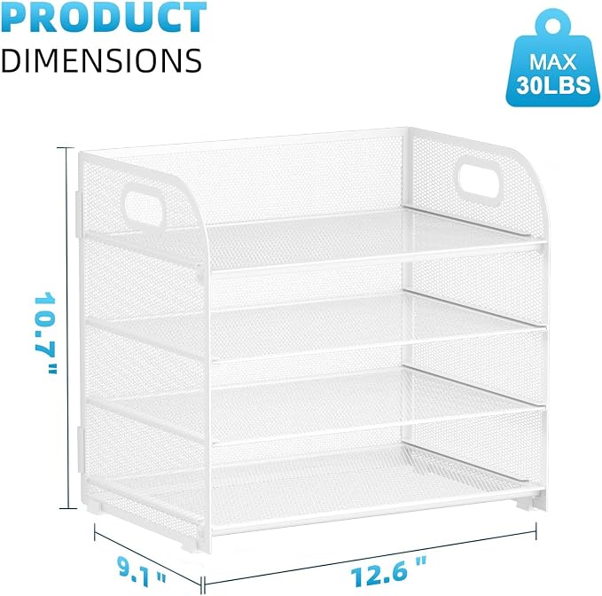 Marbrasse 2 Pack 4 Tier Paper Organizer Letter Tray - Mesh Desk File Organizer with Handle, Paper Sorter Organizer for Letter/A4 Office File Folder Holder (White, 12.6" x 9.1" x 10.7")