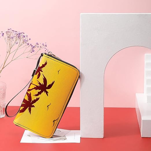 Clutch Wallet Holder for Women Men Bird Palm Sunset Portable Accordion Zipper Credit Card Storage Bag Waterproof Purse Leather Wallet for Travel Work Shopping