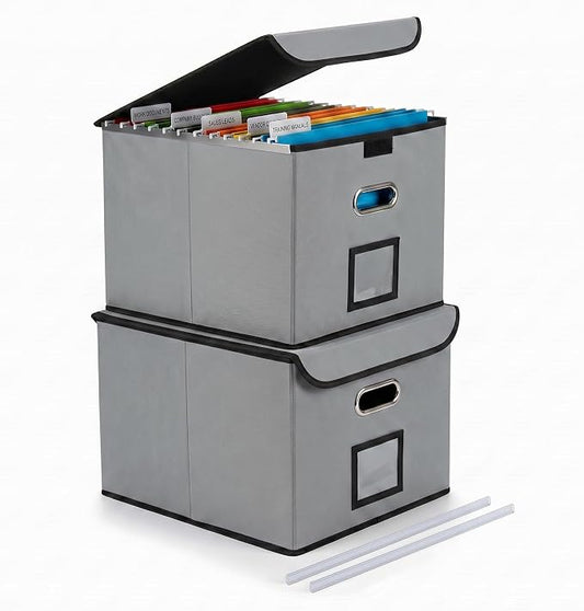 CADONO File Organizer Box with Lid, Large Hanging File Folder Organizer with Plastic Slide, Collapsible Portable Filing Storage Boxes for Office/Decor/Home (Grey, 14.9 x 12.59 x 10.8 inch, 2-Pack)