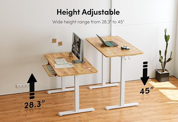 BANTI 55" x 24" Height Adjustable Electric Standing Desk with Keyboard Tray, Sit Stand up Desk with Splice Board, White Frame/Light Rustic Brown Top
