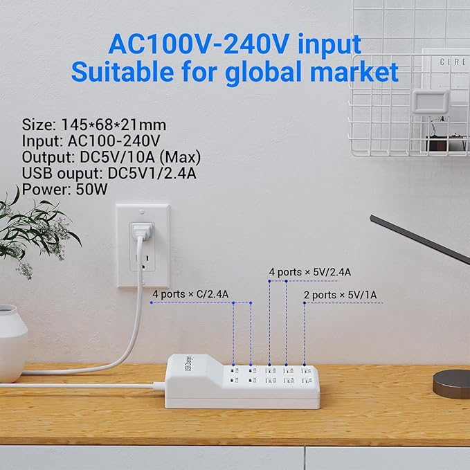 10-Port USB C Charger Block (6 USB-A Port & 4 USB-C Port), 50W10A Multiport Charger Hub for iPhone, Galaxy, iPad & More, 3.3FT