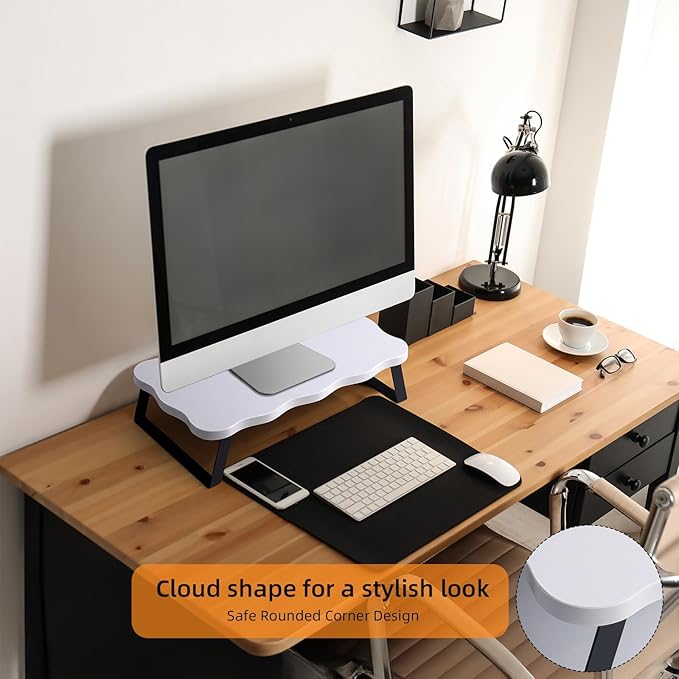Monitor Stand Riser, Wooden Computer Stand for Desk, Wood and Steel Multi-Purpose Desktop Storage Laptop Riser Desk Shelf for Computer, Laptop, PC, Printer, 21.65 x 9.45 x 3.94 Inch Length (White/2 Pcs)