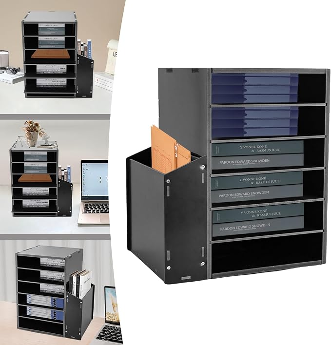 6-Tier File Organizer, 6 Slot Thick Board Desktop Mail Sorter w/Side Storage Cabinet, Adjustable Shelves File Sorter, Paper Organizer for Home School Office (Black, 6 Slot)