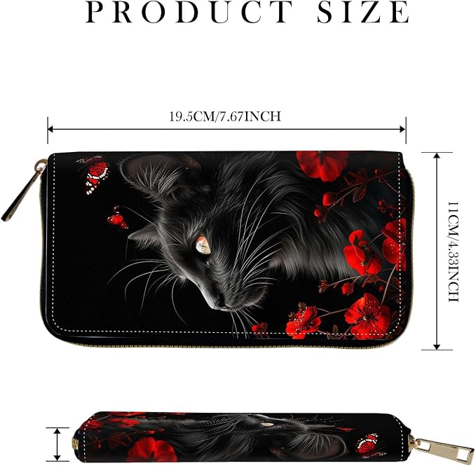 RFID-Blocking Zip Around Wallets for Women with Detachable Wrist Strap,Large Capacity Phone Holder with Card Organizer & Coin Pocket,Black Cat Flowers and Butterflies