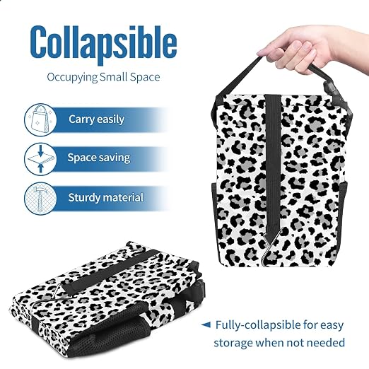 Black and Grey Leopard Trash Can with Lid - Collapsible Reusable Waterproof Garage Bag, Automotive Garbage Can, Car Accessories Interior Organizer