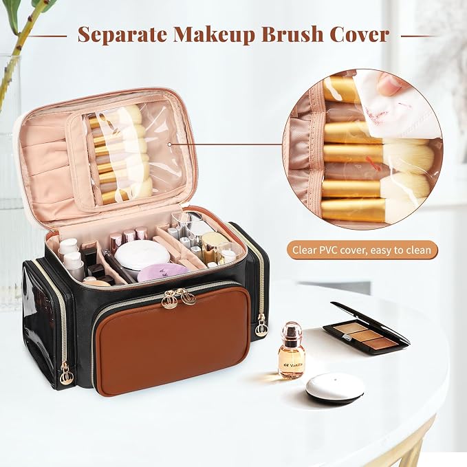 Bagmoly Large Makeup Bag, Portable Travel Makeup Bag Organizer for Women Girls with Makeup Brush Compartment & Two Side Pockets, Cosmetic Travel Bag Vertical Storage Toiletry Bag- Brown