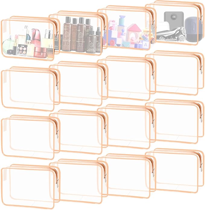YedsIntu 16 Pieces Clear Cosmetic Bags, Large Transparent Makeup Bags, TSA Approved Toiletry Bag for Travel, PVC Waterproof Clear Pouch with Zipper Make Up Bag for Women and Men Traveling (Orange L)