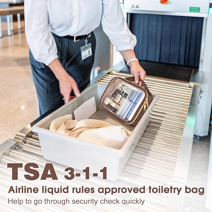 Wedama TSA Approved Toiletry Bag, 2 Pack Clear Makeup Bags with Handles, Quart Size PVC Clear Cosmetic Bags for Women and Men, Carry on Airport Airline Compliant Bag, Brown
