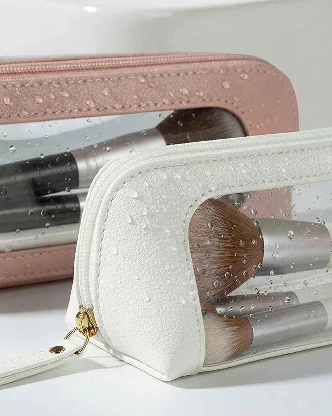 LETGO 2Pack Clear Makeup Bags Set,Clear Travel Makeup Brush Holder,Portable Leather Pencil Case Holder Travel Toiletry Bag for Women (Chic Pink)