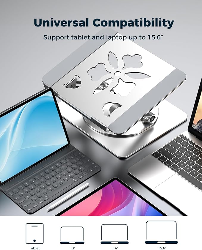 360° Rotating Laptop Stand for Desk | Adjustable, Foldable, Portable Aluminum Ergonomic Riser | Compatible with MacBook, Dell, HP & All Laptops 10-16 inch | Silver