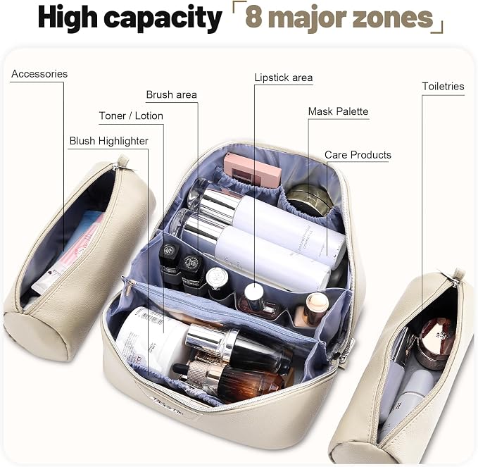 BOYATU Travel Makeup Bag Cosmetic Bags for Women: Large Capacity 3 Pcs Set Make up Bag with Compartments - Waterproof Vegan Leather Toiletry Organizer Bags with Handle (L27Off-white)