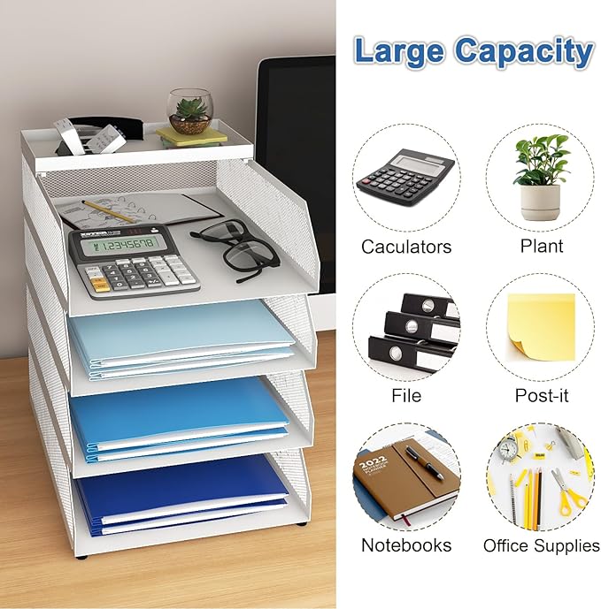 Natwind 4-Tier Stackable Paper Tray, Metal Mesh Desktop Organizer, Paper Sorter, Letter Trays,File Document Storage Rack for for Home, Office, School (White)