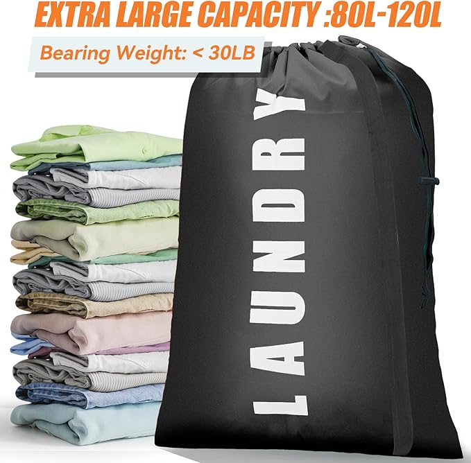 Isink Heavy Duty Laundry Bag with Strap,2 Pack Travel Laundry Bags for Dirty Clothes,24" x 36" Large Laundry Bag for Traveling,Camping,Dorm (Black+ Gray)