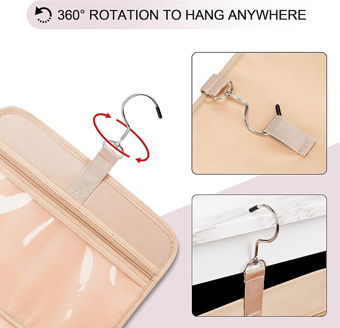 COOSKY Travel Hanging Toiletry Bag for Women, Large Makeup Bag 8 Leak Proofing Silicone Bottle Covers, Waterproof Cosmetic Bag with Jewelry Organizer Compartment, Toiletries Kit Set, Pink