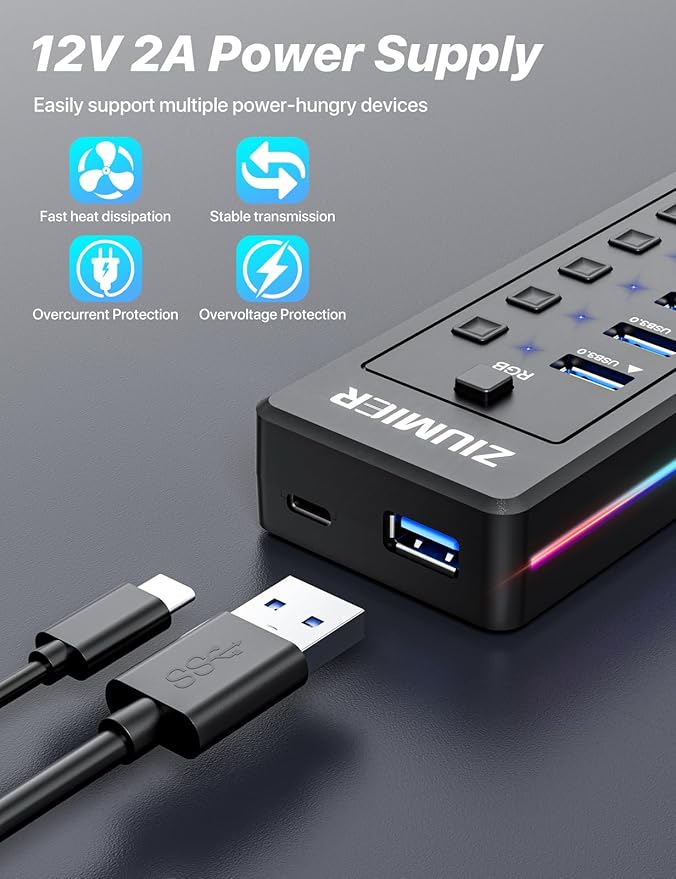 Powered USB Hub, 10-Port USB 3.0 Hub with RGB LED Strip -5Gbps Data Transfer,Individual LED On/Off Switches and 12V/2A Power Adapter for Laptop, PC, Mouse, Keyboard, Hard Drive or More USB Devices.