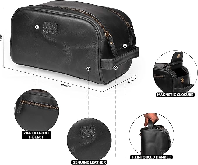 LEATHER VILLAGE Genuine Leather Toiletry Travel Bag With Waterproof Lining - Black | King-Size Handcrafted Vintage Dopp Kit Bag, Shaving & Bathroom Organizer, Gift for Men & Women