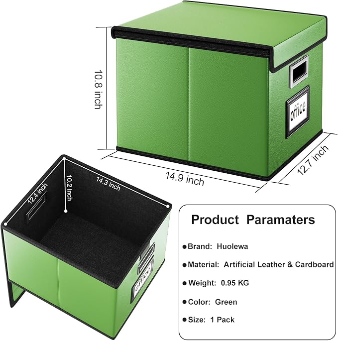 File Organizer Box with Lid, Collapsible Faux Leather Document Organizer, Hanging File Folder Box with Plastic Slide, Decorative Filing Boxes Cabinet for File and Folders Storage(Green)