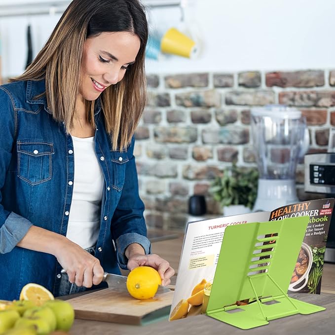 Honagu Metal Desk Book Holder, Hands Free Adjustable Cookbook & Document Holder, Portable Bookstand for Music Books, Textbooks, Recipes, Tablets & iPads (Green)