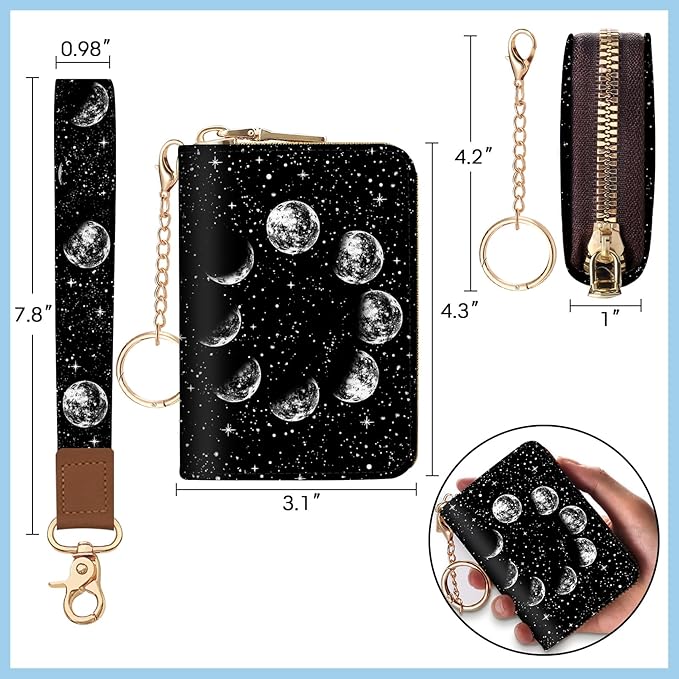 Blusabaca Credit Card Holder for Women, Moon Small RFID Blocking Wallet with Wristlet Strap, Keychain Zipper Women Wallet, Leather Card Case, Card Wallet Purse with Key Lanyard