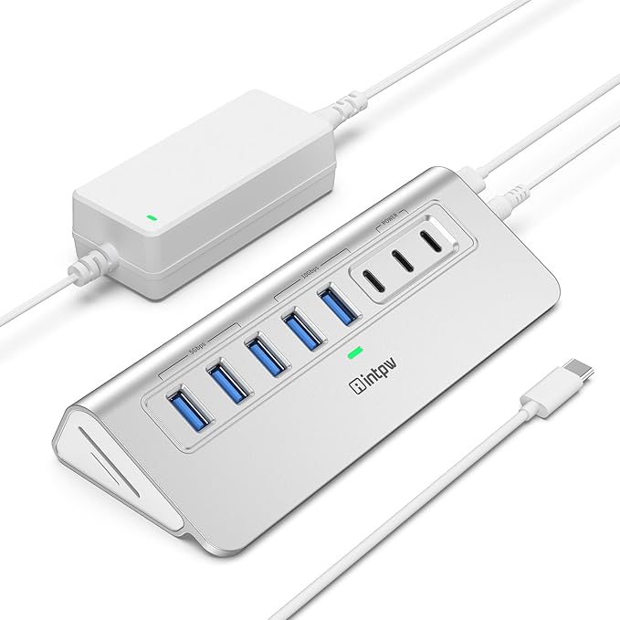 Powered USB Hub 10Gbps, intpw YH6AC Plus 10 Port USB 3.2 Hub(USB A/USB C 3.2+3 USB-A 3.0+2 PD 45W Fast Charging Ports+SD/TF Card Reader), 65W Power Adapter,Aluminum USB HUB for PC,Laptop,iPhone 17/16