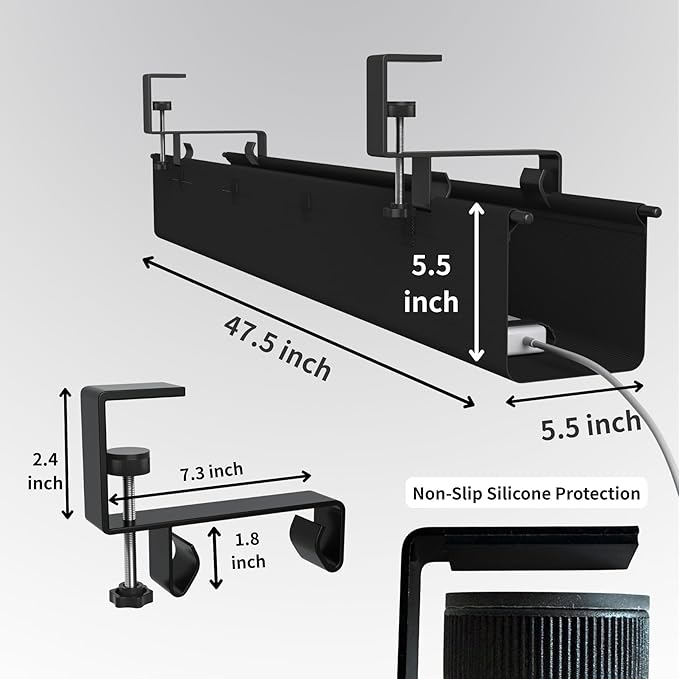 No Drill Under Desk Cable Management Tray, 47.5” Fabric Clamp Mount Cord Organizer for Table, Heavy Duty Wire Management for Office Home, Black