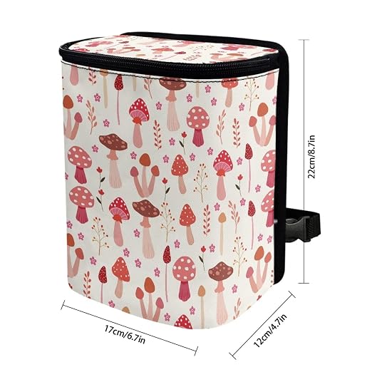 Biyejit Pink Mushroom Car Trash Can with Lid Collapsible Waterproof Car Garage Bag Reusable Hanging Automotive Garbage Bin with Adjustable Strap Car Accessories Interior Car Organizer