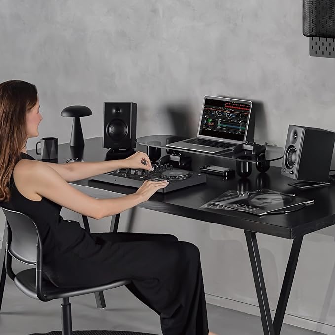 Fenge Monitor Riser, 34 Inch Dual Monitor Stand for Large Monitors, Desk Organizer with Glass Shelf & Solid Wood Legs, Computer Stand for Laptop, TV, PC, Printer, Black