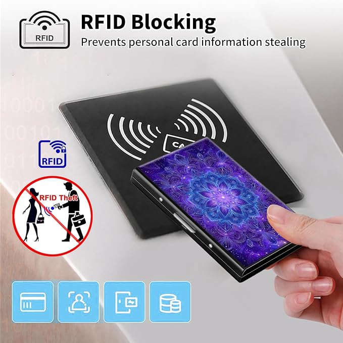 Metal Wallet,Credit Card Holder for Women Men,RFID Blocking Card Holder Mini Slim Aluminum Wallet ID Case Hard Case Business Card Holder Case,Purple Pattern