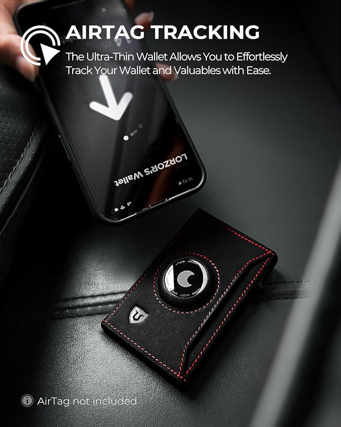 LORZOR Slim Airtag Wallet Pop Up Wallet, Genuine Leather Mens Wallet with Airtag Holder & ID Window, Minimalist RFID Blocking Metal Wallet for Men (Air Tag Not Included)