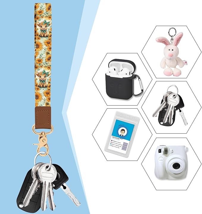 Blusabaca Wristlet Credit Card Holder for Women, Highland Cow Cattle Small RFID Blocking Wallet with Strap, Zipper Keychain Leather Card Case, Accordion Card Wallet Purse with Key Lanyard