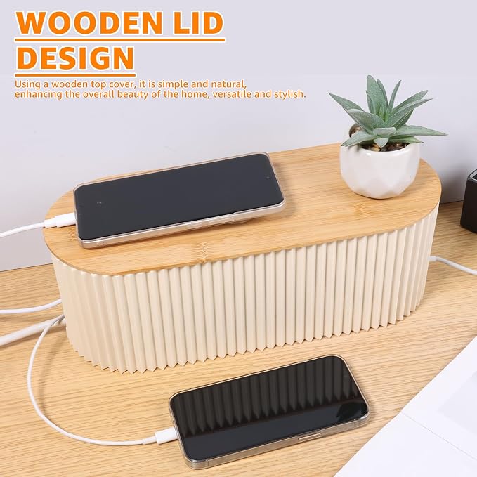 2Pcs Cable Management Box, 13 × 5.12 × 4.33 inch Plastic Cord Hider Box with Wood Lid, Hidden Storage Cord Organizer Box, Ample Internal Space Power Strips Cover Easy Access for Home Office