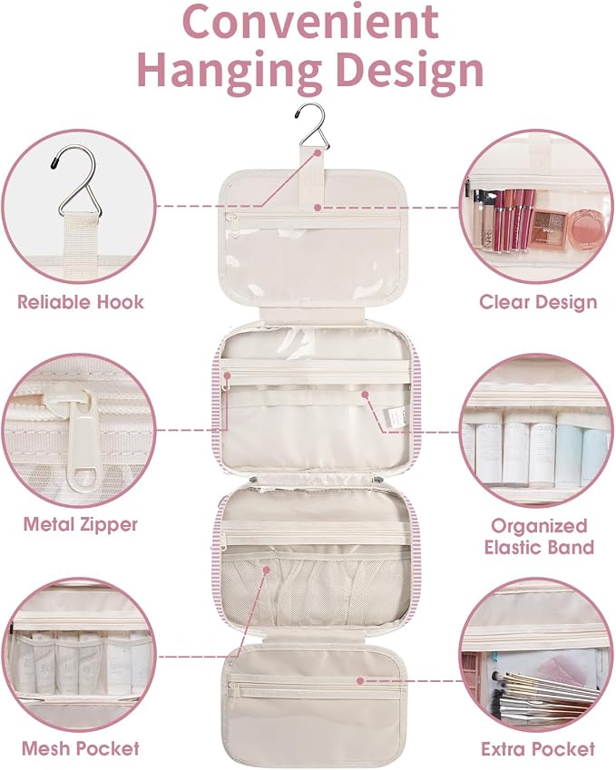 Narwey Striped Travel Toiletry Bag for Women Large Hanging Makeup Bag Organizer Toiletries Bag for Full Size Essentials Accessories Cosmetics (Dusty Pink Stripe (Large))