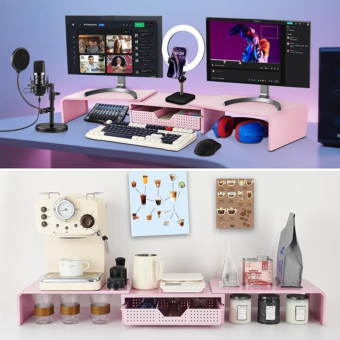 Dual Monitor Stand Riser with Drawer, Desk Organizer and Accessories, Pink Monitor Stand for Desk, Desktop Stand for Computer, Laptop, TV and More (Pink)