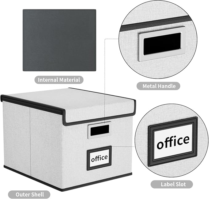 File Organizer Box with Lid, Collapsible File Folder Organizer for Office Document Storage, Filing Box with Plastic Slide for Letter Size Hanging File Folders(1 Pack, Light Grey)