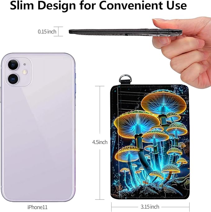 Slim RFID Blocking Card Holder Wallet with Wrist Strap - Minimalist Front Pocket Wallet, Luminous Mushroom Design, PU Leathe, for Men & Women, Ideal for Travel & Gifts