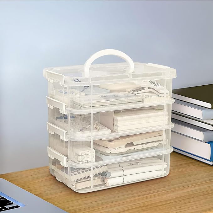 4-Tiers Plastic Storage Box, Stackable Storage Bins With Lids, Handle, Clear File Box Plastic, Parts Tools Sorting Plastic File Storages Boxs For Craft Art School & Office Supplies