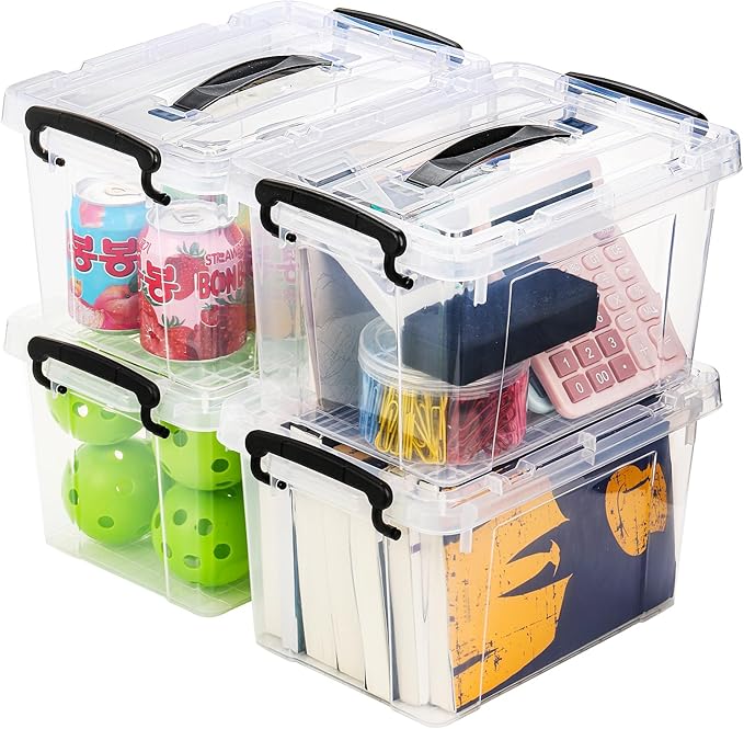 Nicunom 4 Pack 6 Quart Clear Storage Latch Box, Plastic Storage Bins with Lids, Latching Box with Handle, Stackable Storage Containers for Organizing