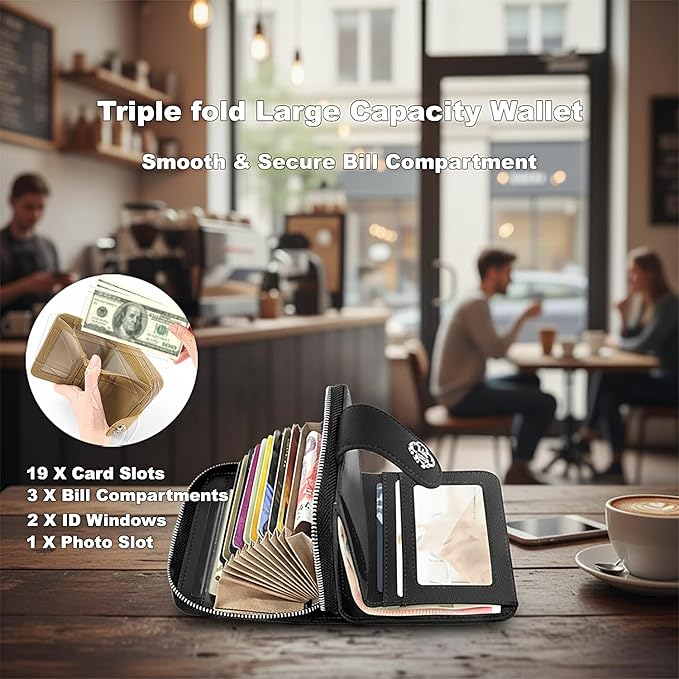 Credit Card Wallets for Women, Leather Cardholder with Zipper Around, Small Rfid Ladies Wallet, Accordion Compact Bifold Purse for Travel, 19 Card Slots, ID Window, Cash Organizer - Black