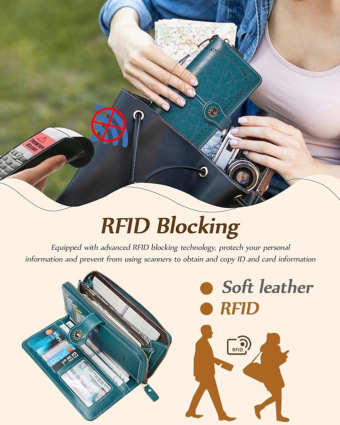 TFKGS Wallet for Women RFID Blocking Leather Large Capacity Card Holder Ladies Phone Clutch Travel Long Purse Wristlet | RFID Blocking, Leather, Large Capacity, Ladies, Travel