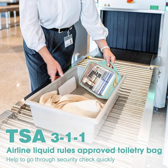 Wedama TSA Approved Toiletry Bag, 2 Pack Clear Makeup Bags with Handles, Quart Size PVC Clear Cosmetic Bags for Women and Men, Carry on Airport Airline Compliant Bag, Cyan Green