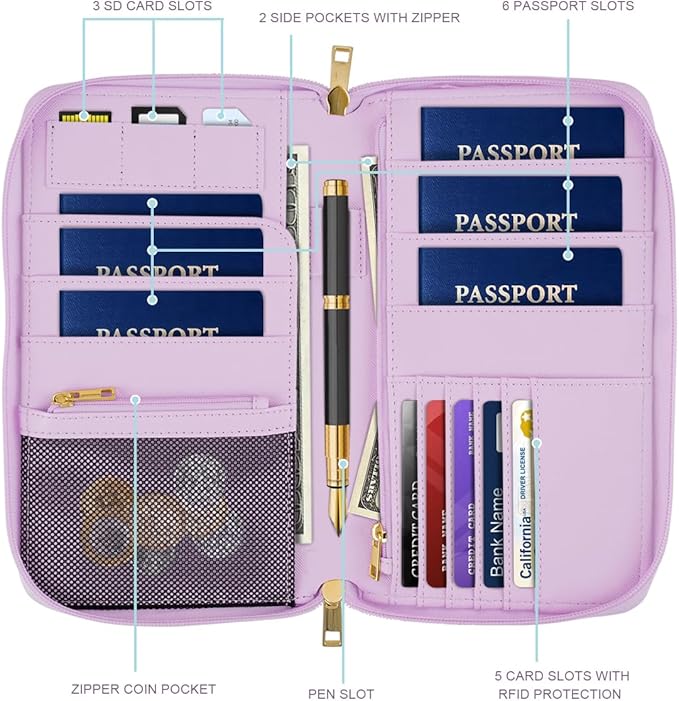Family Passport Holder Wallet RFID Blocking Document Organizer PU Leather Mulit-purpose Travel Wallet Credit Cards Case for Women Men, Smokey Purple