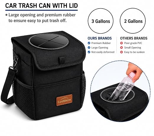 LuxMotive Car Trash Can – 3 Gallon Leakproof Waterproof Auto Trash Bin, Hanging Car Garbage Container with Lid & Storage Pockets, Foldable Car Organizer for Vehicle Interior (Black)