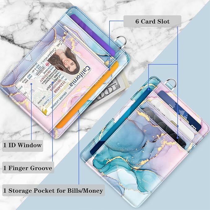 Coco Rossi Slim Front Pocket Wallet RFID Leather ID Card Holder Cute Small Wallet with Keychian for Women,Gradient Marble