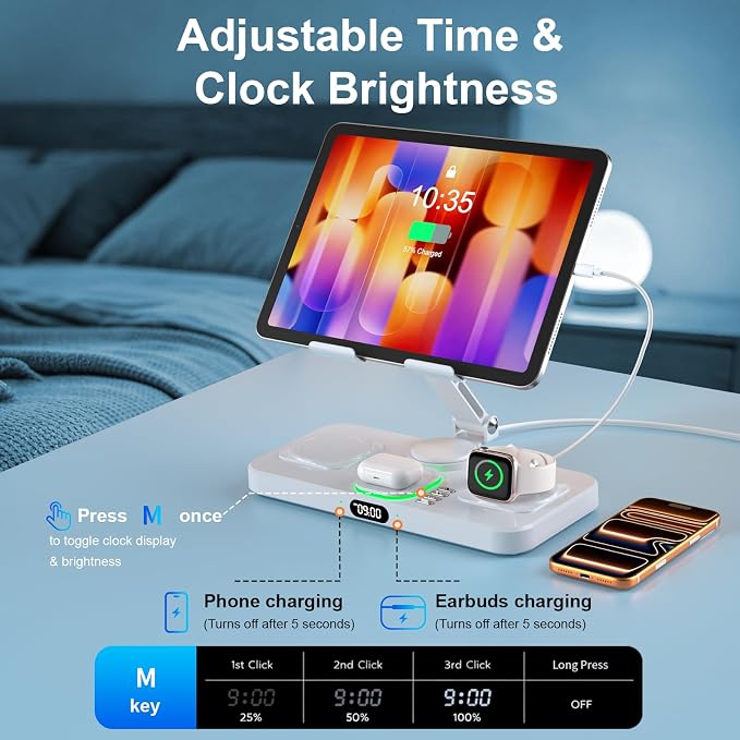 Magnetic Charging Station for Apple Multiple Devices, Wireless Charger with Clock & Light, Foldable Wired Charging Stand for iPad/Tab, Mag-Safe Charger for iPhone 17, for Apple Watch for AirPods